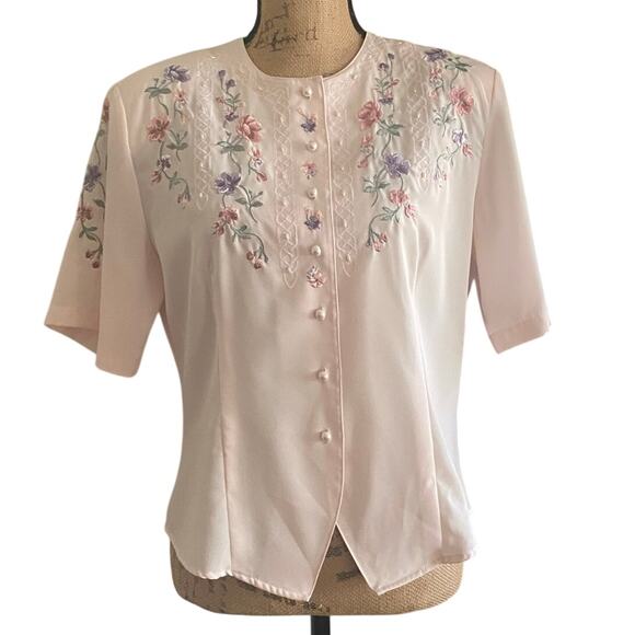 Vintage Laura Scott Pink Floral Blouse 90s Embroidered Pearl Button Top Sz 12 - Picture 17 of 17